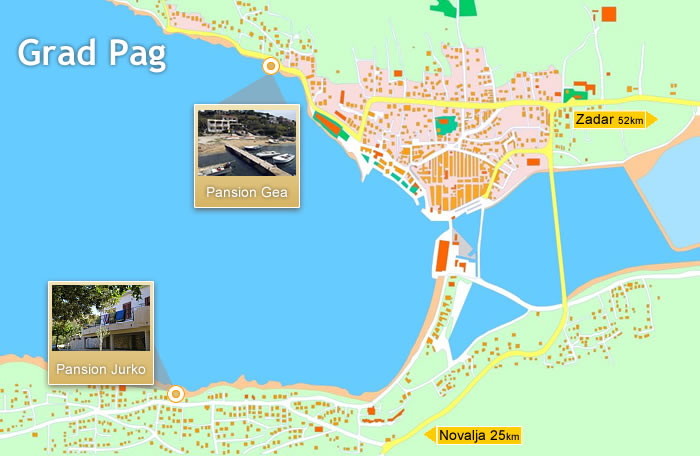 auto karta pag Map of City of Pag   Island of Pag, Croatia   Pansion Gea and  auto karta pag